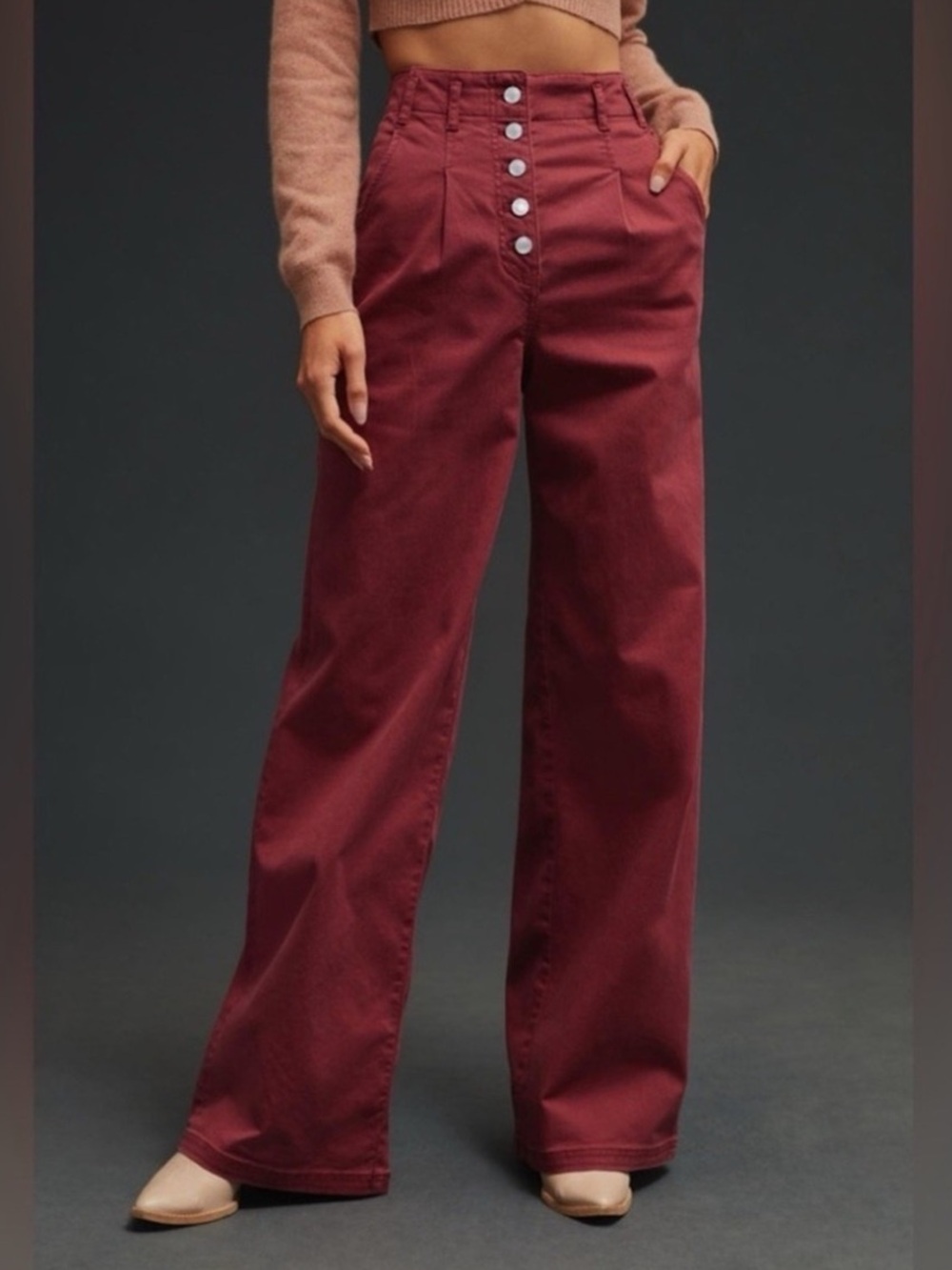 Anthropologie Maeve Wide Baggy High-Rise Button-Fly Pants in Burgundy Size 26